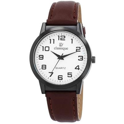 Montre Bracelet - Classique - Boîtier Métal Noir 40 Mm - Quartz - Bracelet Simili Cuir Marron 20 Mm