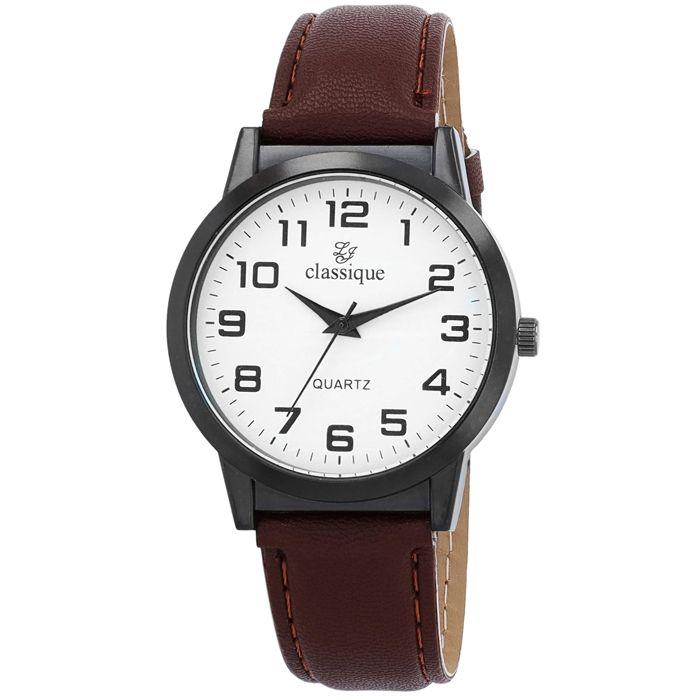 Montre bracelet - Classique - Boîtier métal noir 40 mm - Quartz - Bracelet simili cuir marron 20 mm