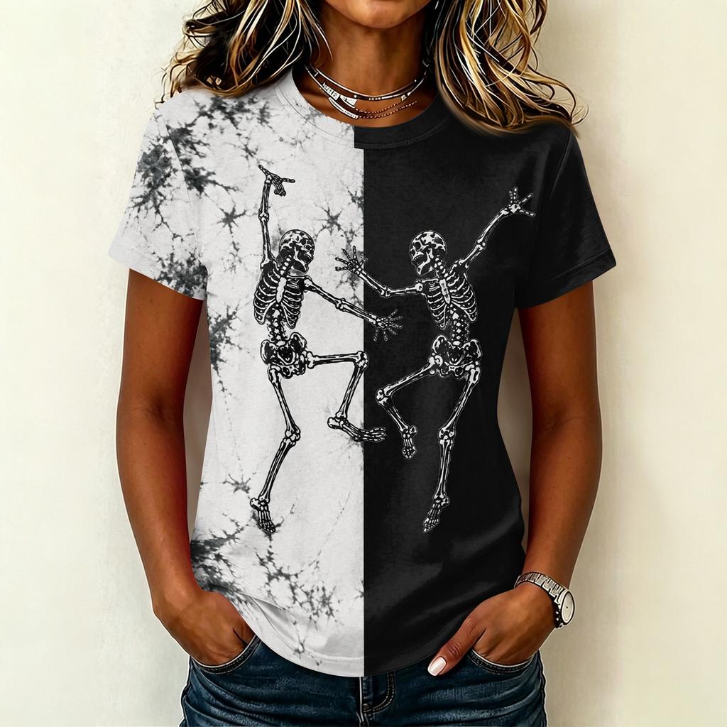 Women's Casual Short Sleeve Round Neck Pullover T-Shirt with Halloween Print