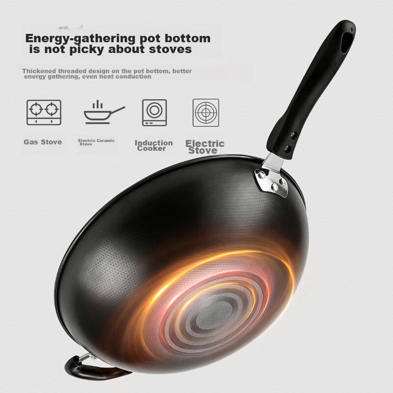 Wok Iron Pan with Lid, 30cm Non-Coated Pure Iron Frying Pan, Nitrided, Compatible with Gas And Induction Stoves MCC4558