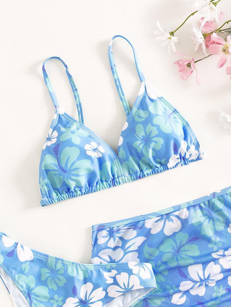 Costume da bagno a tre pezzi con stampa floreale per bambina