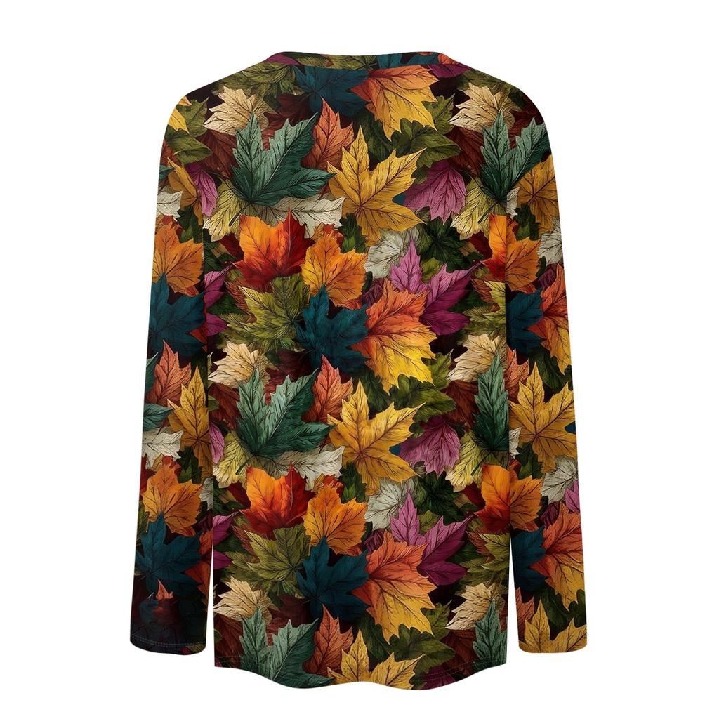 Women's Long Sleeve Neck Pullover Top with Leaf Print for Casual Daily Wear