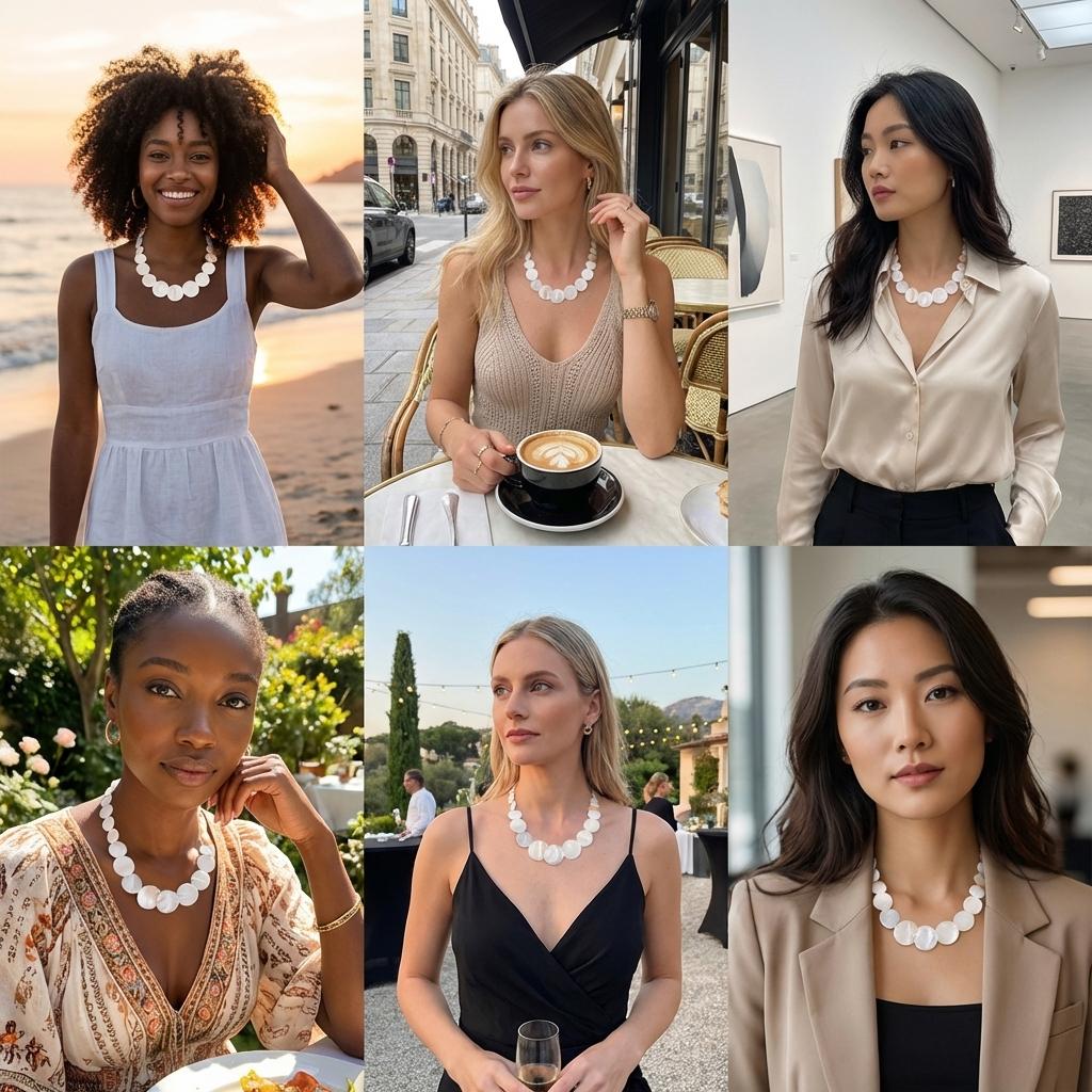 Urlaubsstil Weißes Muschel-Scheiben-Halskette für Damen Luxuriöse Runde Muschel-Perlen-Schlüsselbein-Kette Minimalistischer Vielseitiger Schmuck