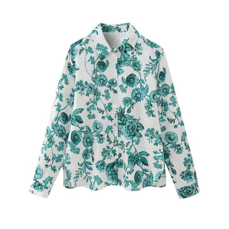 Fashion Style 2024 Summer Women's Clothing Dignified Sense of Design Linen Blended Flower Print Shirt 8319446