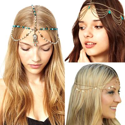 Indian Boho Beads Cross Pendant Bride Head Chain Headband Headpiece Jewelry