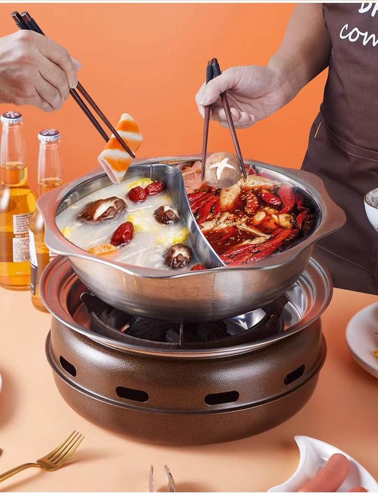 Round Stainless Steel Charcoal Grill for Home and Commercial Use - Japanese Yakiniku Style, Enclosed Design for Tea Boiling