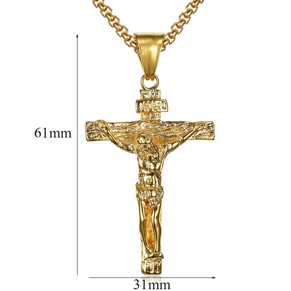 Collana Ciondolo Crocifisso INRI Gesù Croce Colore Oro Acciaio Inossidabile Catena per Collo da Uomo Gioielli Cristiani Cattolici