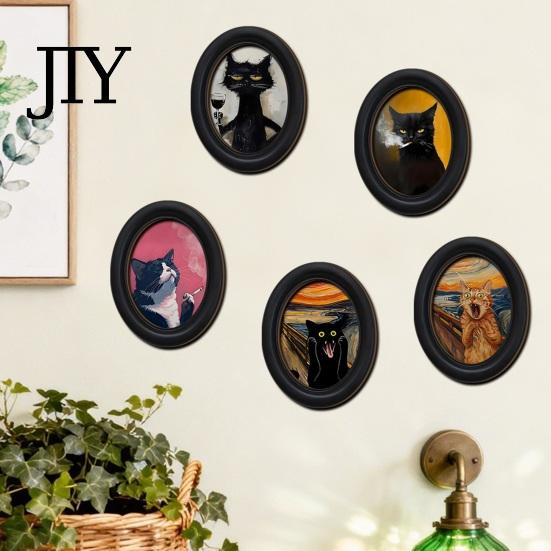 Modern Wood Wall Decoration Abstract Art Cat Decor, Oval 2D Framed Funny Painting Contemporary Birch Print, Vintage Ornament for Living Room