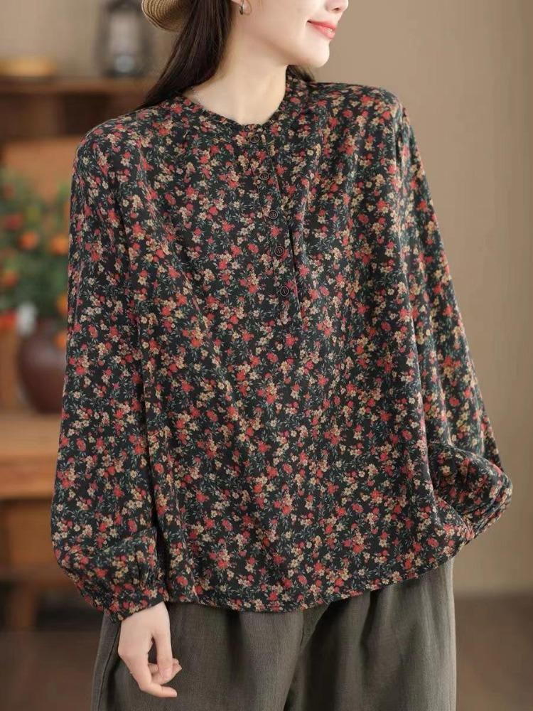 

Johnature Women Vintage Floral Print T-Shirts Long Sleeve O-Neck Spring Tees Soft Double Cotton Loose Fit Top One Size чорний