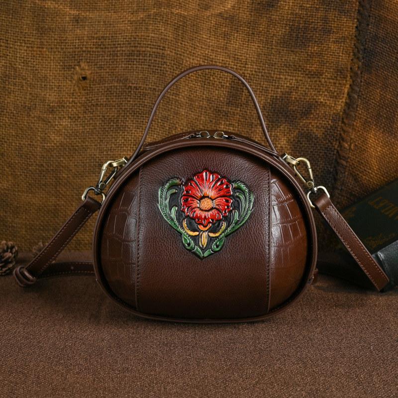 Genuine Leather Flower Embossing Shoulder Bags for Women Ladies Top Layer Cowhide Crossbody Bag Vintage Design Handbags