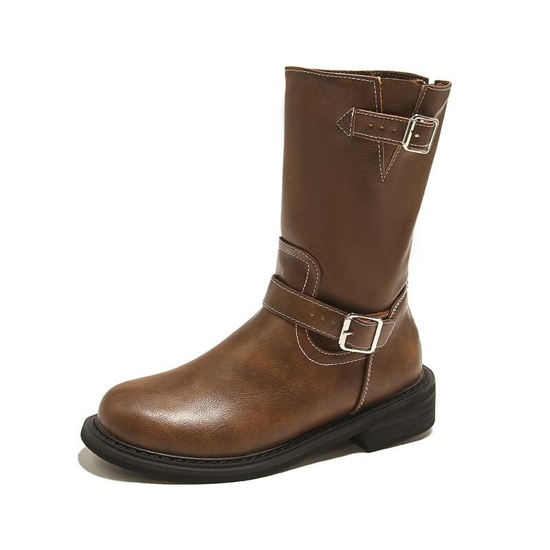 Designer Women Shoes  Autumn Winter New Platform Women's Boots Classic Round Toe Brown Boots British Ladies Mid-calf Boots