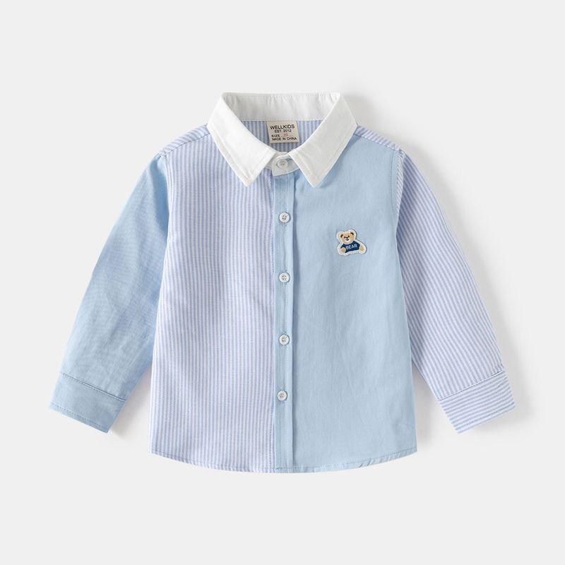 Boys' Long-Sleeved Shirt Men's Treasure Stripes Embroidered Shirt K-style Kids Loose Bear Lapel Cardigan Casual Tops