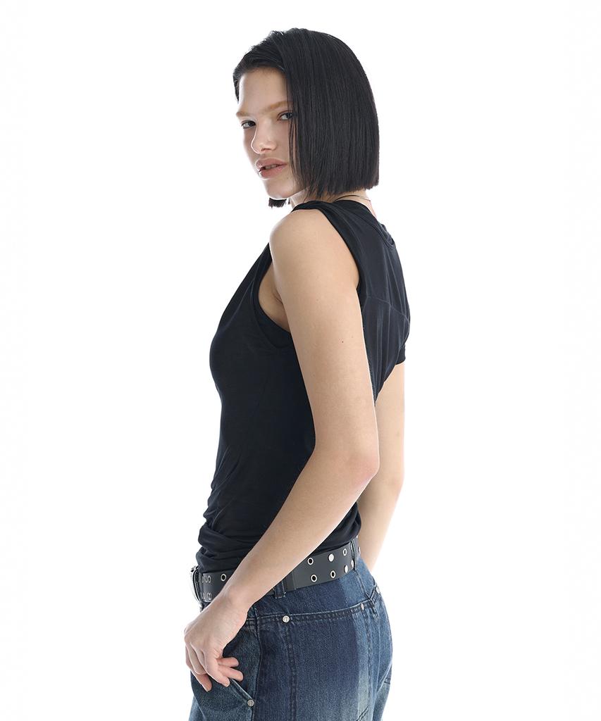 Teulimingbeodeu Double-Layer Asymmetric Shoulder T-Shirt [ Black ]