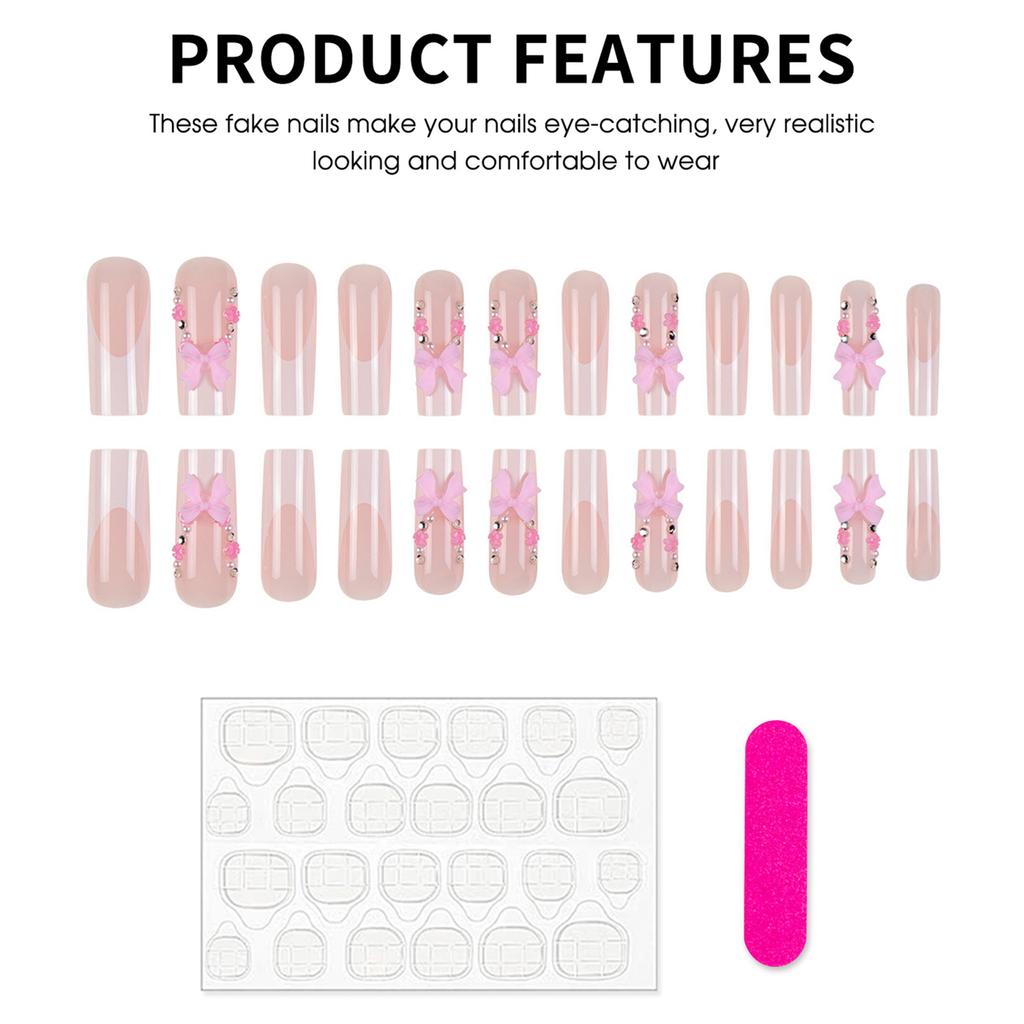24PCS Sweet Pink Long Fake Nails with White Tip Chip-Proof Smudge-Proof Fake Nails for Women and Girl Nail Salon