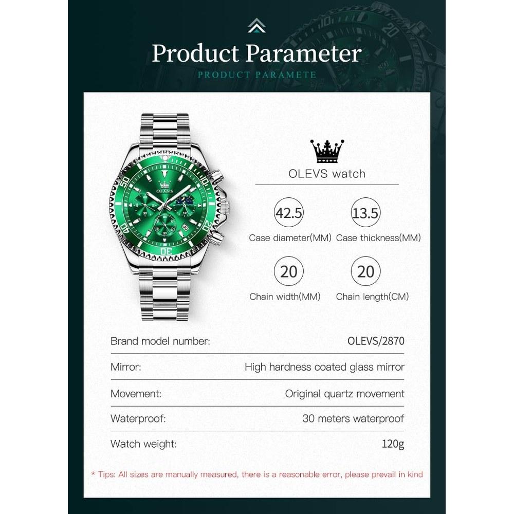 OLEVS Men's Quartz Watch Chronograph Waterproof Luminous Stainless Steel Band Green Wristwatch Business Easy-to-Read