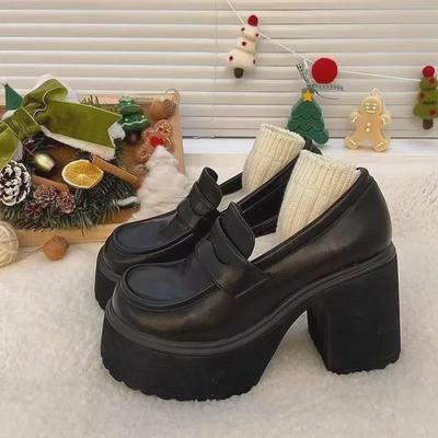 Mocassins Pretos de Couro com Salto Alto e Solado Grosso Versáteis para Mulheres - Estilo JK Retrô Francês para Outono/Inverno