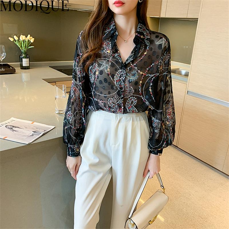 MODIQUE Jaro Léto Nadměrné velikosti Dámské Volné Elegantní Bavlna Hedvábí Květinová Výšivka Tyl Halenka Košile Dámská Móda Ležérní Výstřih do V Lucernové Rukávy Kabáty