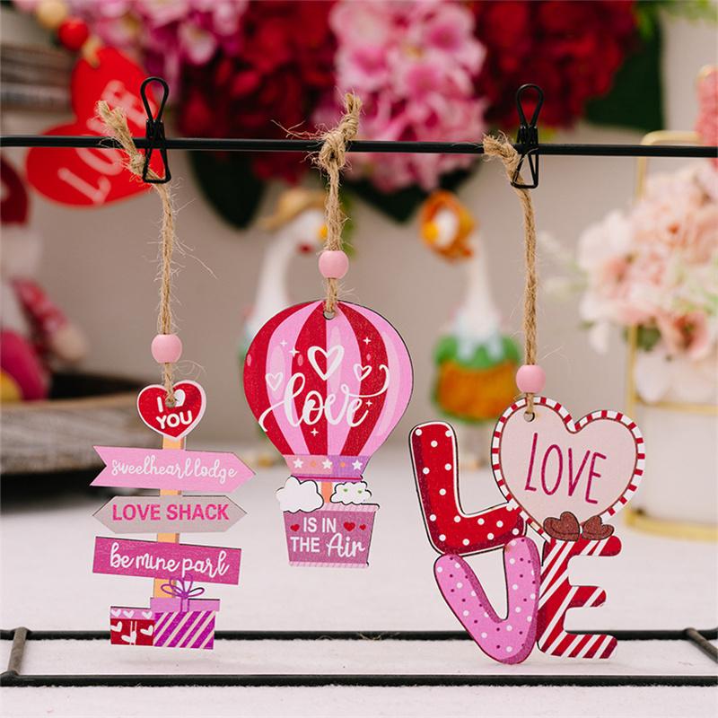 9Pcs Valentine Hangings Wood Holiday Decoration Love Flower Valentine Ornaments Valentine'S Day Decorative Love Envelope Pendant