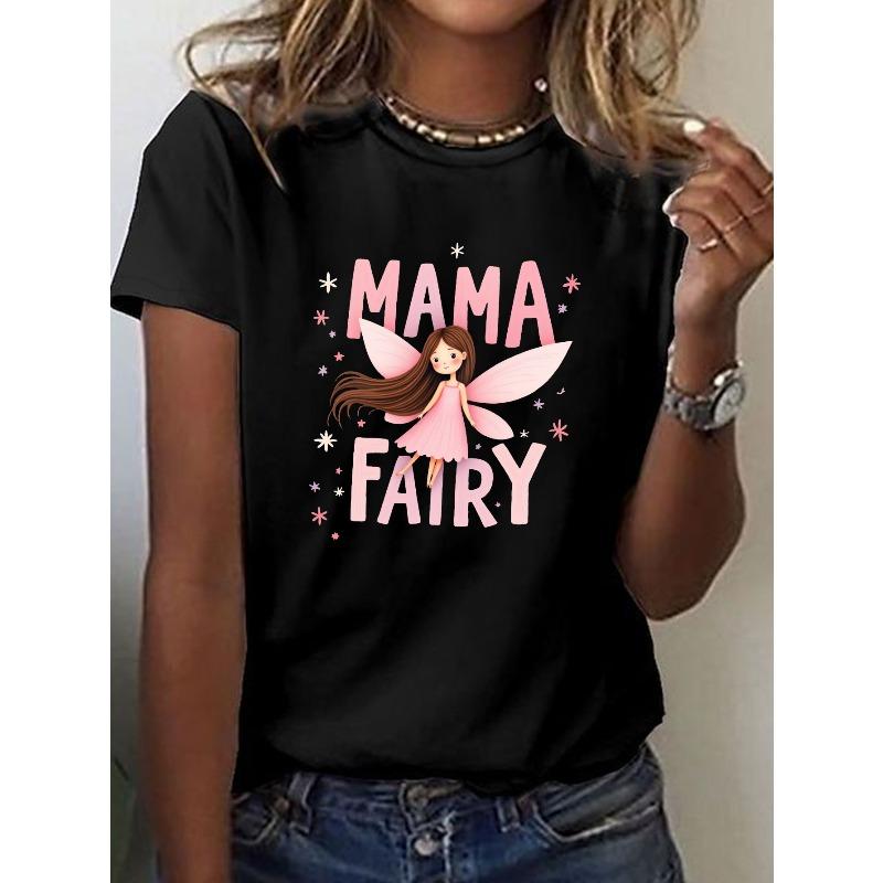 

Short-Sleeved Crew Neck Casual Top Featuring a Sparkly MAMA FAIRY Print, Perfect for Summer And Spring, Designed for Women 4XL
