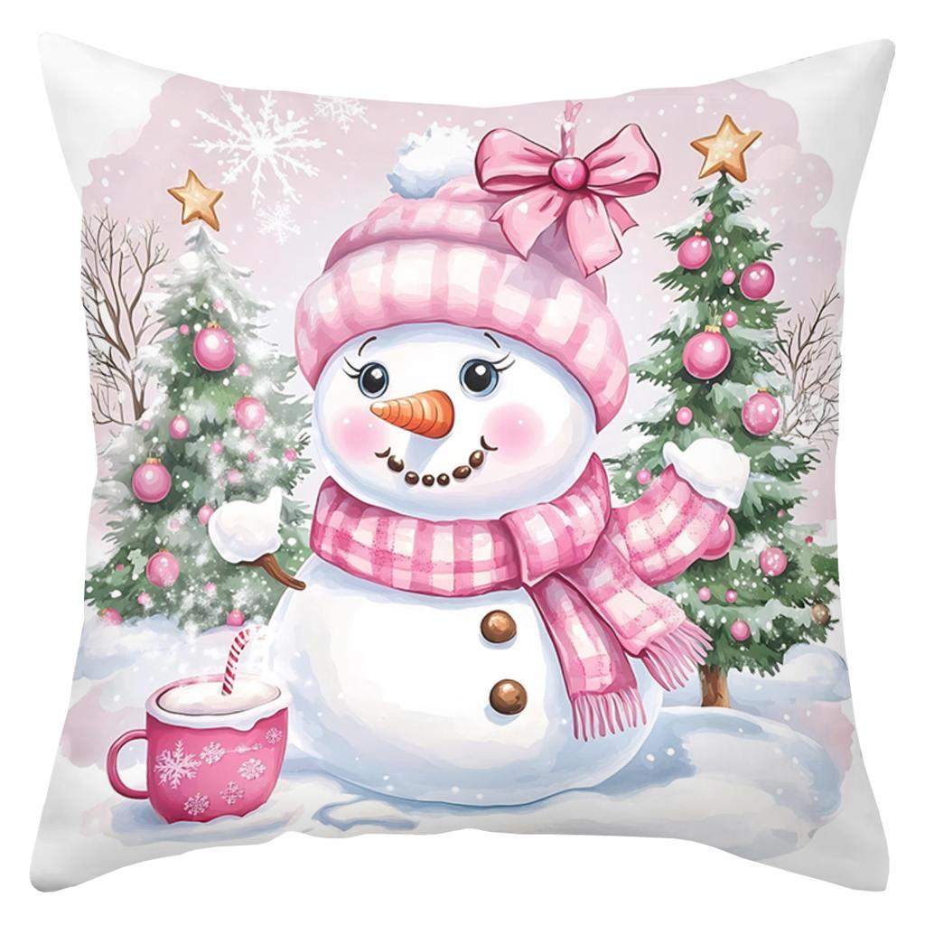 Pink Snowman Christmas Pattern Decorative Cushions Polyester Pillowcase, Sofa Decorative Cushion Cover, Bedside Throw Pillow