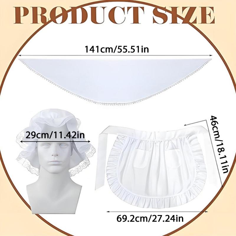 3-teiliges Kolonialkostüm-Set für Damen: Accessoires – Wickelrock, weiße Haube, Haube, Rüschenschürze mit Taschen für Dienstmädchen-Cosplay