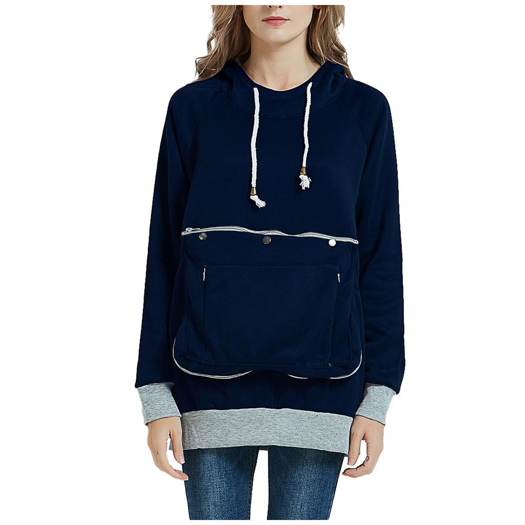Fashion Women's Solid Big Pocket Long Sleeves Hooded Sweatshirt Blouse Tops