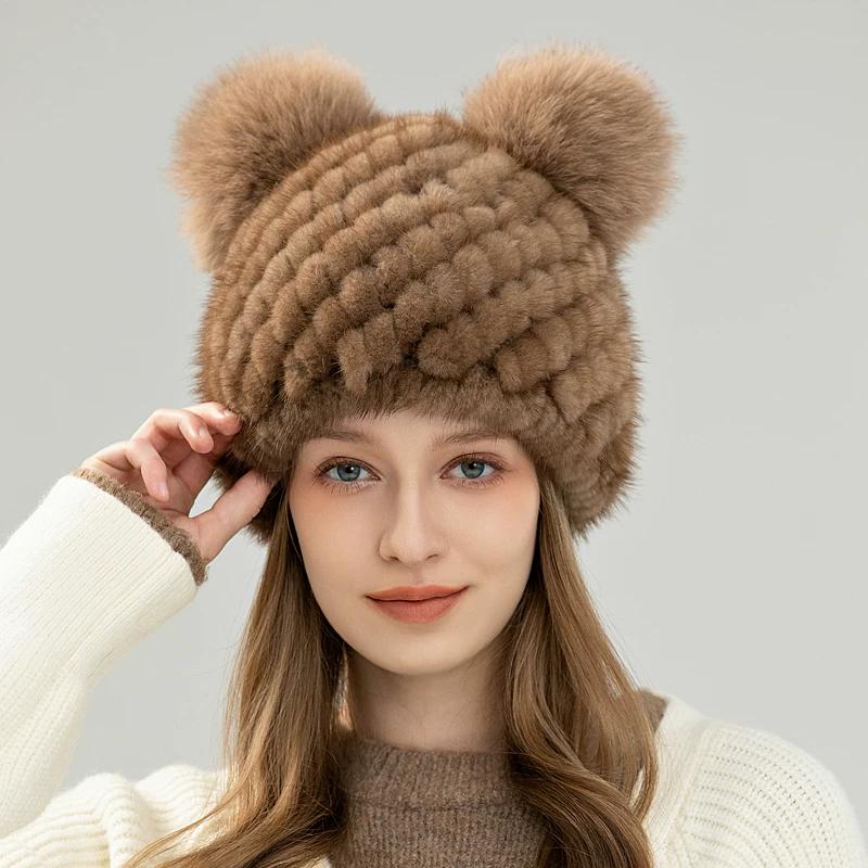 

Mink Hair Woven Hat Female Winter Warm Cute Fox Hairball Ear Protection Fur Hat Mickey Parent-child Real Fur Hat Elastic світло-коричневого кольору