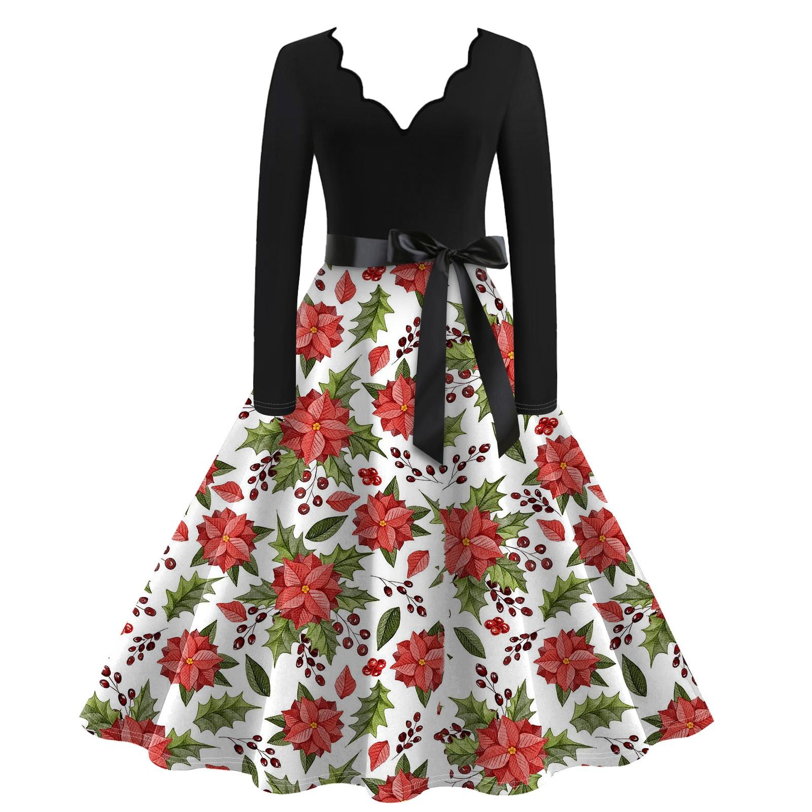 

Женское повседневное модное винтажное платье с V-образным вырезом и длинным рукавом с рождественским принтом S белый