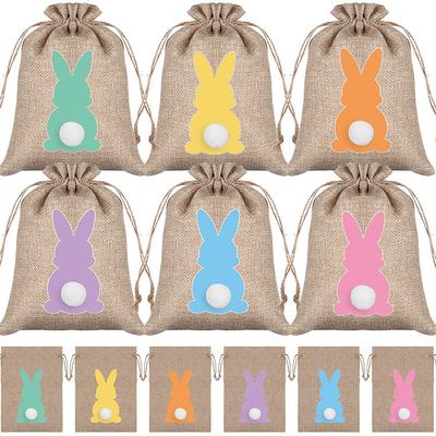 6pcs Easter Bunny Tail HAPPY EAST Party Candy Box Linen Drawstring Bundle Pocket Gift Basket
