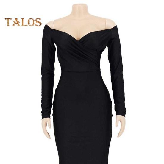 Lady Evening Dress V Neck Off Shoulder Side Slit Floor Length Long Sleeves Pleated Slim Fit Maxi Dress Ball Gown Banquet Party Dress