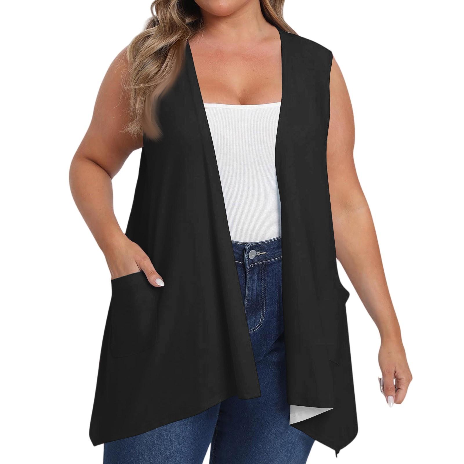 

Women s Oversized Loose Casual Solid Color Sleeveless Vest With Pocket Cardigan Jacket Cardigan Jacket XXL чорний