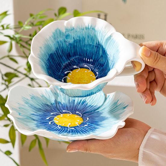 Coffee Cup And Saucer Set Mug for Coffee Hand-Painted Floral Ceramic Milk Tea Breakfast Anniversary Gift