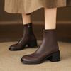 Autumn and Winter Leather High Heel Knight Boots Women's Rubber Sole Square Heel Round Head Korean Comfortable Side Zipper Women's Medium Boots