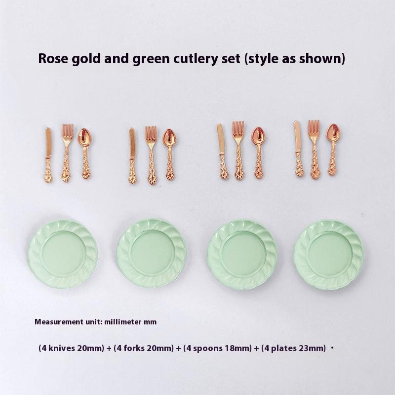 1/12 Scale Miniature Dollhouse Cake Dish with Knife Fork Spoon Set - DIY Decoration Doll House Accessories for 1/12 Scale Models