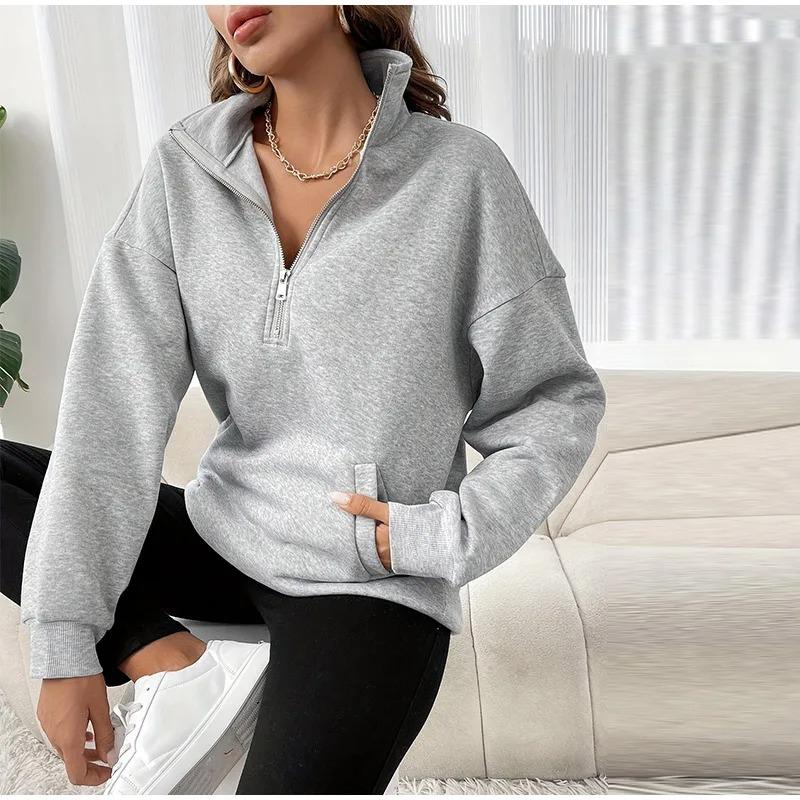 Casual Pullover Women Short Loose Autumn Winter Lapel Zippers Pockets Female's Hoodie Full Sleeve Solid Tops Lady Soft All-match