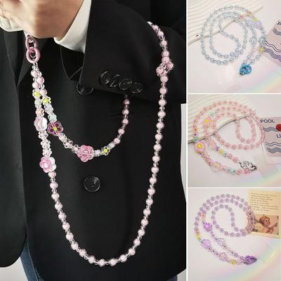 Cute Flower Bead Phone Strap Phone Lanyard Wallet Necklace Chain Crossbody Shoulder Bag Chain Universal Phone Case Anti Loss