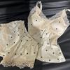 Korean Version of Pajamas Women's Summer Thin Ice Silk Suspender Shorts Set Sweet Wind Polka Dot Lace Nightdress Loungewear