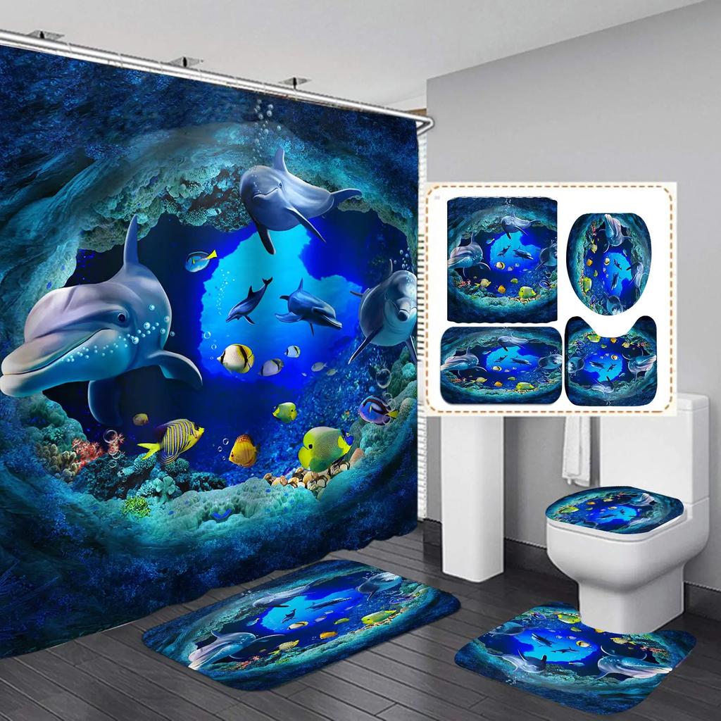 Deep Ocean Dolphin 3D Printing Waterproof Fabric Shower Curtain Set Bathroom Curtains Toilet Cover Mat Non Slip Rug Home Decor