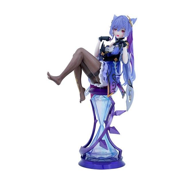 22cm Genshin Impact Anime Figurka Keqing Pvc Figurka Akcji Seksowne Nogi w Czarnej Jedwabnej Pończochy Siedząca Figurka z Gry Model Kolekcjonerski Lalka Prezent