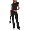 Damen Freizeit Zweiteiler Set Langarm Rundhals Crop Top Hohe Taille Schlaghosen Gestrickt Einfarbig Loungewear Passendes Outfit Set