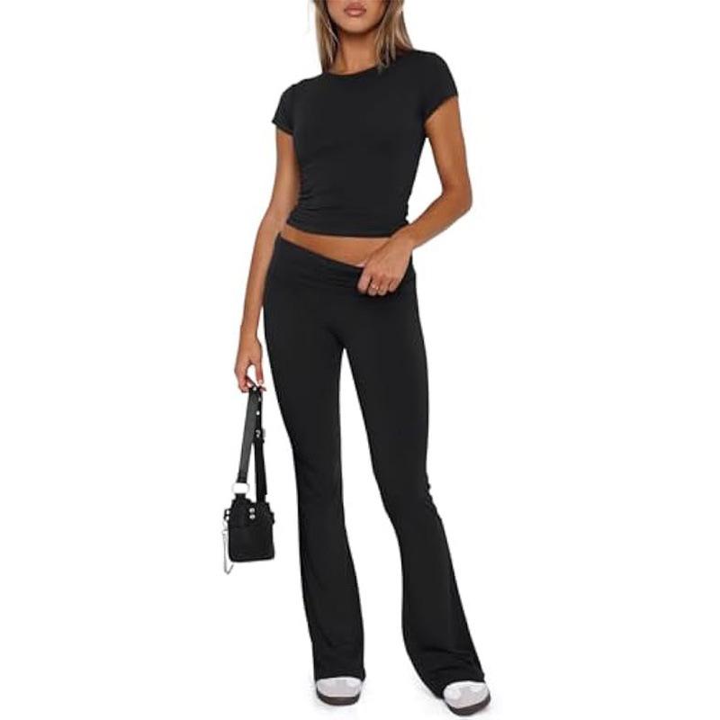 Damen Freizeit Zweiteiler Set Langarm Rundhals Crop Top Hohe Taille Schlaghosen Gestrickt Einfarbig Loungewear Passendes Outfit Set