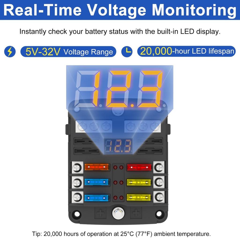 UCkasayfy 6-veis sikringsblokk /24V ATO/ATC sikringsblokk 16 sikringer med LED-display for bil, båt, bobil, lastebil