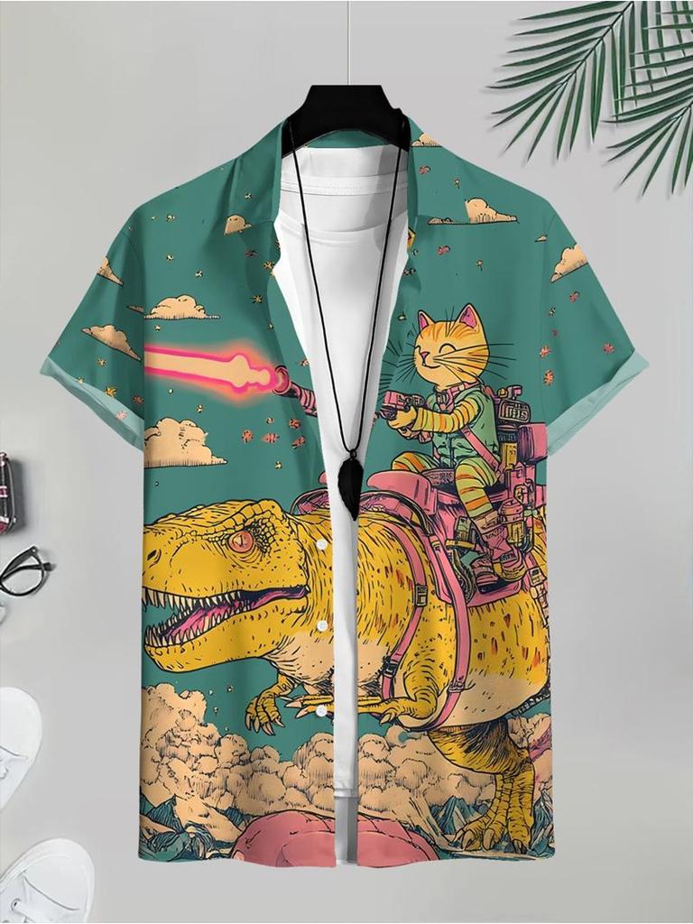 Men's Casual Short - Sleeve Shirt, Dinosaur & Cat Pattern Printed, Polyester Material, Mixed Color, Multiple Specifications Available, Fashionable for