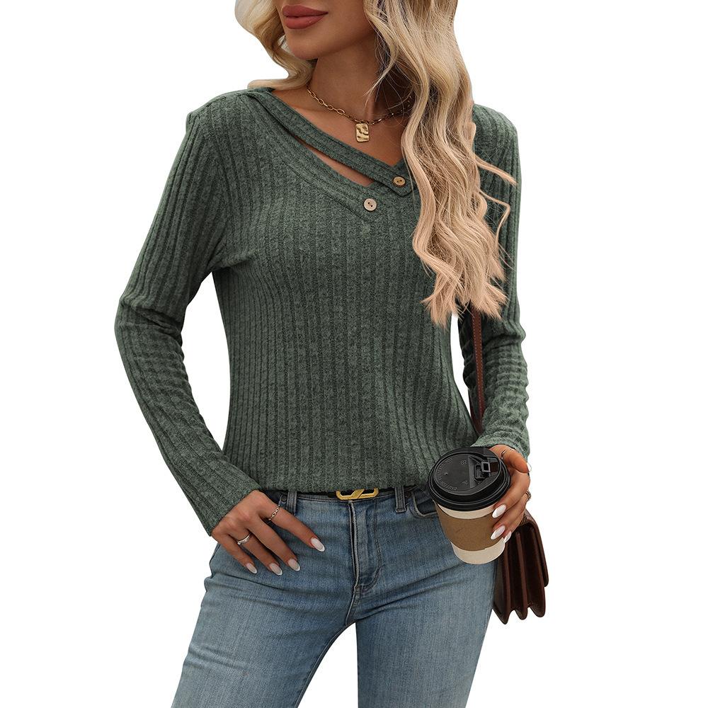 Women's Cutout V Neck Long Sleeve Ribbed Knit Top Casual Button Detail Loose Fit Fall Winter Daily Basic Tee Shirt