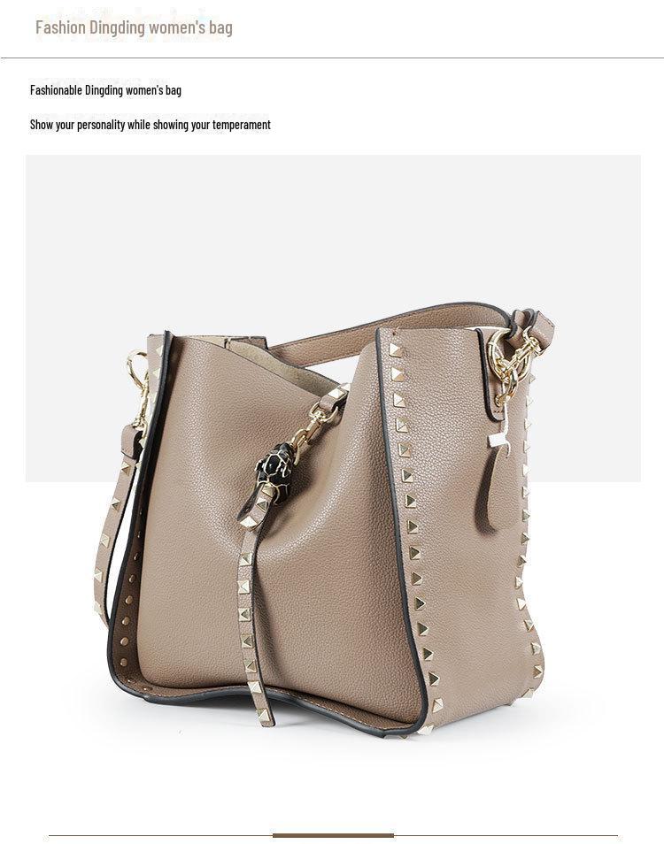 Echt Lederen Nieten Emmer Tas met Tijgerkop - Trendy Europese & Amerikaanse Crossbody Schouder Handtas