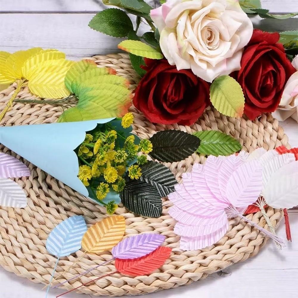 40Pcs Nylon Artificial Silk Rose Leaves Single Leaf Wired Stem Artificial Green Leaves DIY Crafts Floral Decoration Leaf