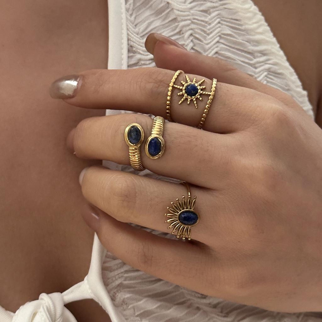 Stainless Steel French Vintage Gemstone Ring For Women Gold Plated Sun Stackable Open Finger Ring Party Hand Personality Jewelry