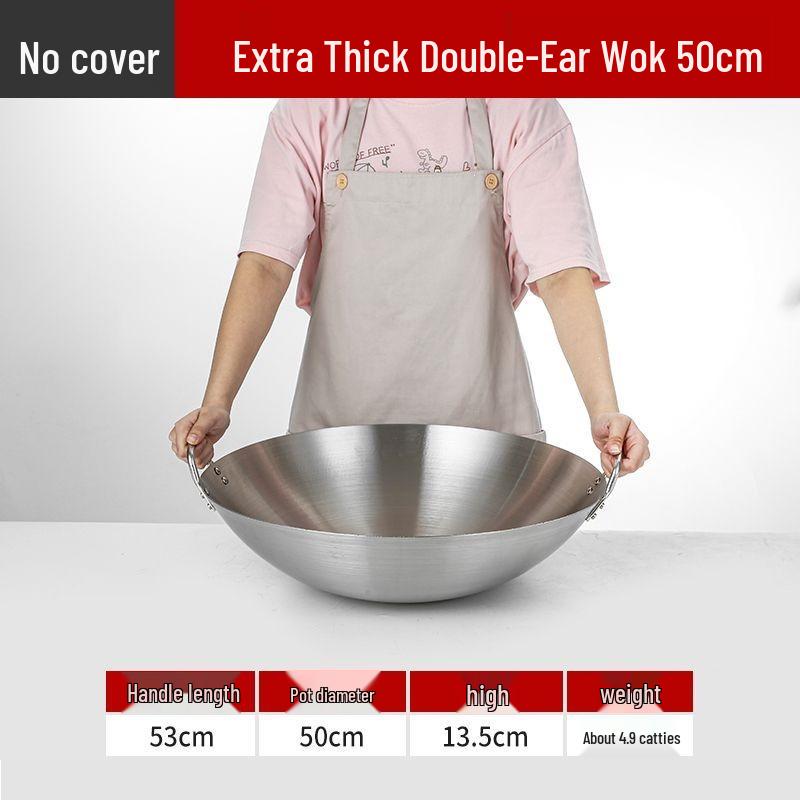 Extra Thick Stainless Steel Double Ear Wok - Large Round Bottom Pot for Commercial Kitchens, Gas Stove Compatible