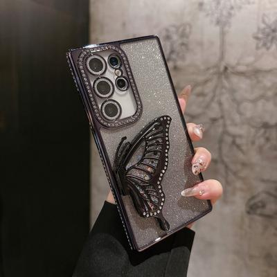 Three-dimensional Butterfly Bracket Suitable for Samsung S25FE Mobile Phone Case A17 Side Diamond Glitter Powder Light Luxury Protective Case
