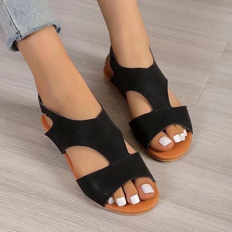 One-word Buckle Sandals Women's 2025 Spring New Large Size 43 Sandals Flat Round Head Beach Women's Sandals